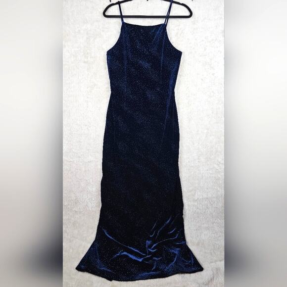 VTG 90s Be Smart Velvet Maxi Dress 12 USA Made Glitter Navy Prom Y2K Whimsigoth - Picture 1 of 9